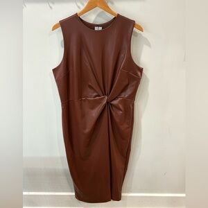 Express Sleeveless Faux-Leather Twist Midi Dress with slit in Deep Brown Size XL